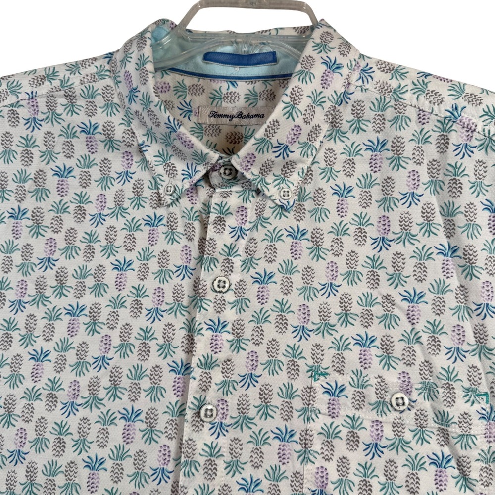 Tommy Bahama Button Down Shirt Mens XL White Blue Pineapple Print Short Sleeve